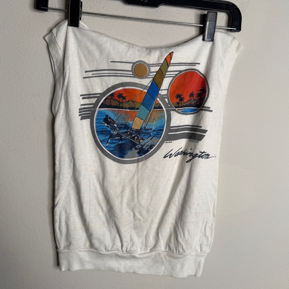Vintage Kids Medium‎ White Washington Sailboat Beach Graphic Sleeveless Shirt